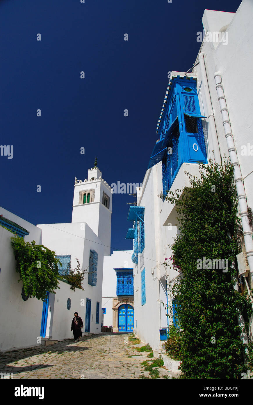 TUNIS, TUNISIE. Bâtiments blanchis à la chaux, etc, dans le village de Sidi Bou Said à l'extérieur de Tunis. L'année 2009. Banque D'Images
