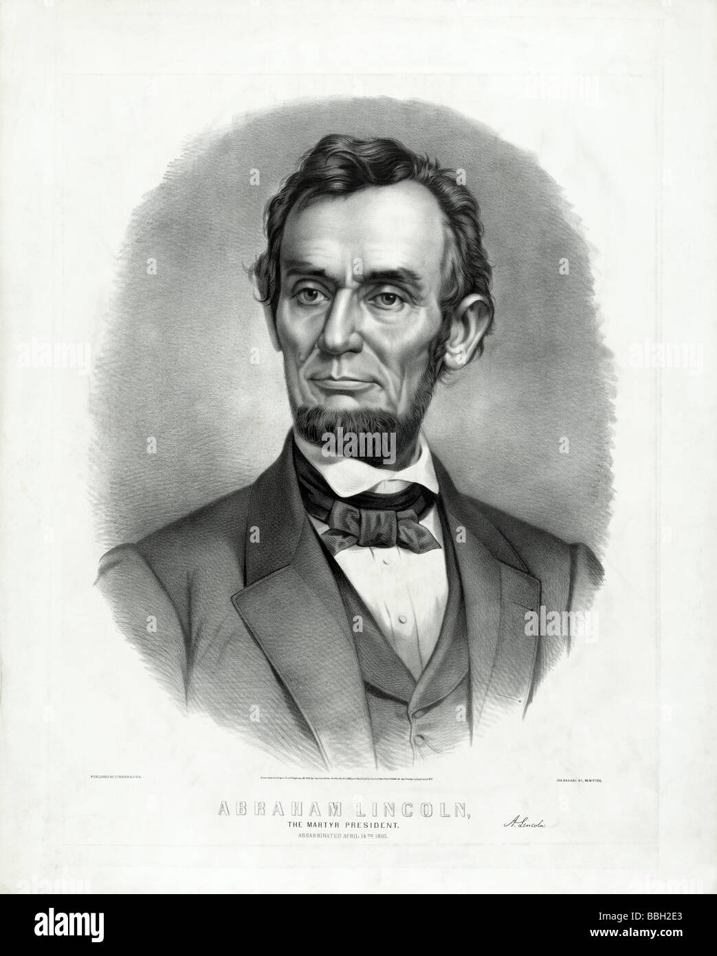 Print circa 1865 Portrait par Currier & Ives d'Abraham Lincoln, intitulé "Le président martyr". Banque D'Images