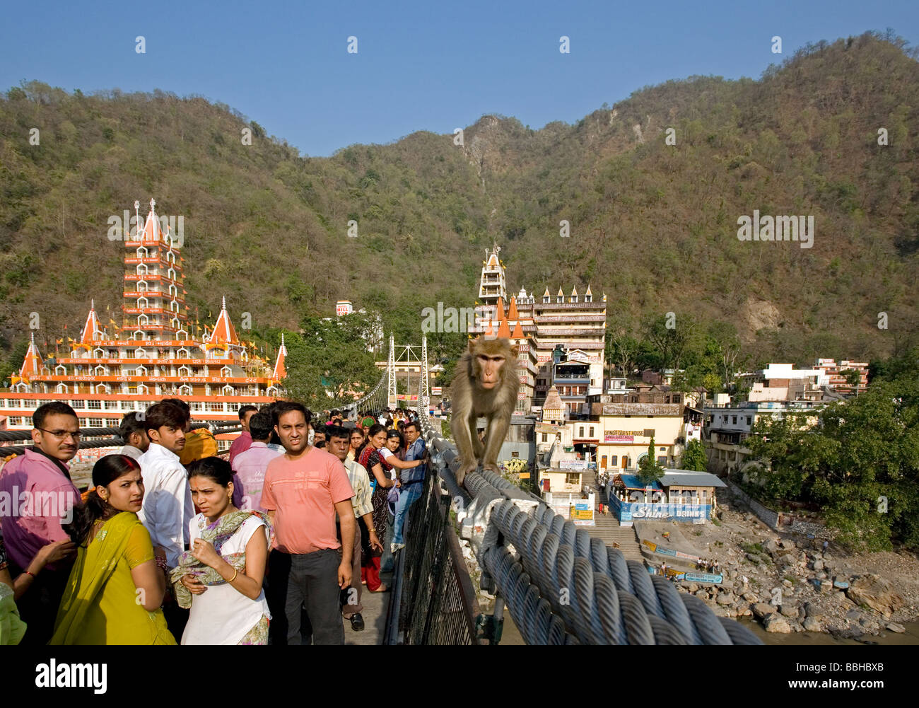 Les gens et le singe. Le pont suspendu de Lakshman Jhula. Rishikesh. Uttarakhand. L'Inde Banque D'Images