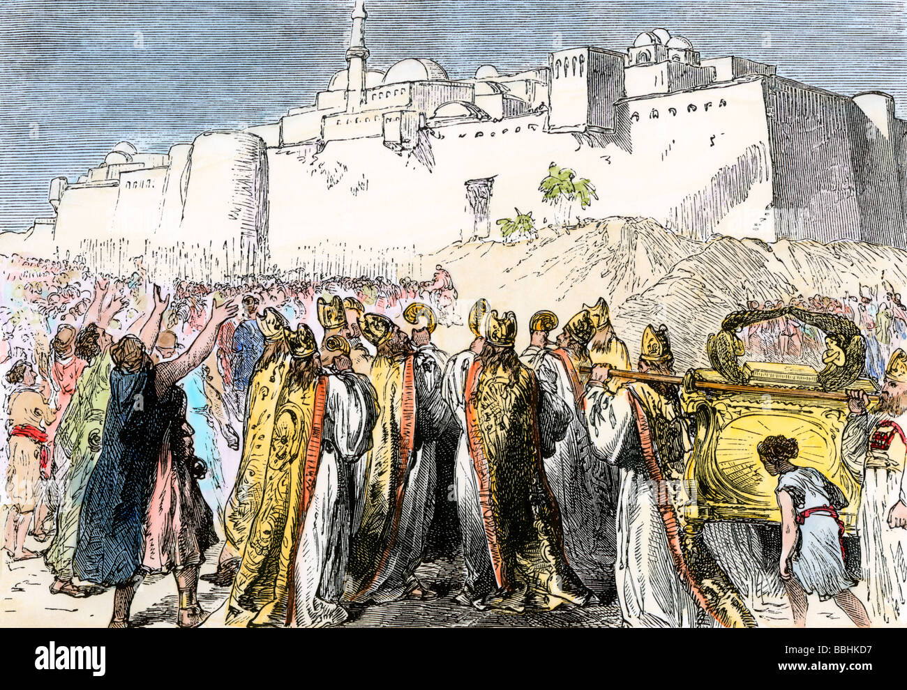 Josué et les Israélites la conquête de Jéricho vers 1400 av. À la main, gravure sur bois Banque D'Images