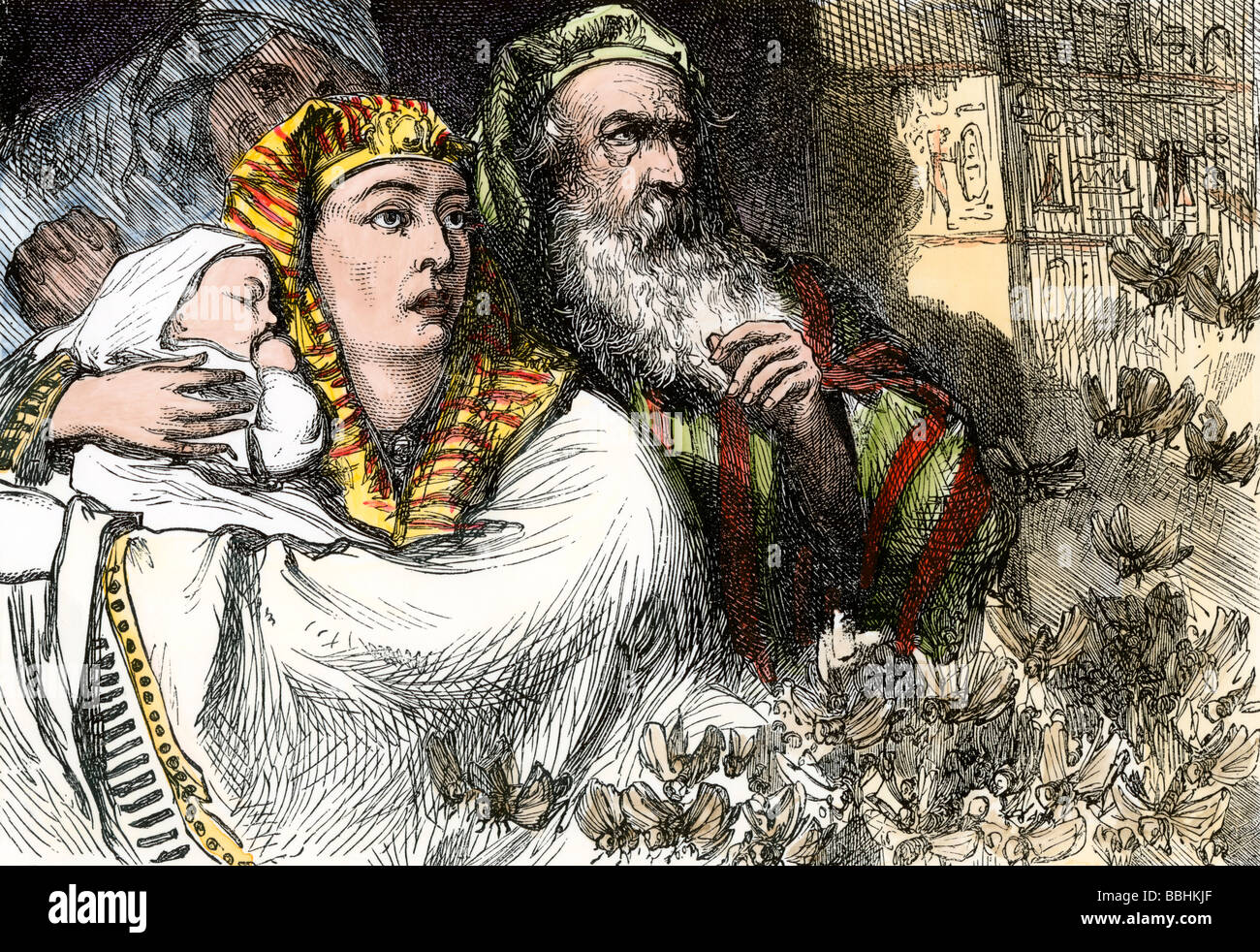Invasion de sauterelles dans l'Egypte ancienne dans l'histoire de Moïse. À la main, gravure sur bois Banque D'Images