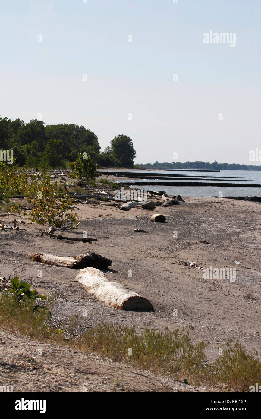 Pollué une plage au lac Érié d'au-dessus de la vue de dessus personne aucun dans l'Ohio USA vertical haute résolution des États-Unis Banque D'Images