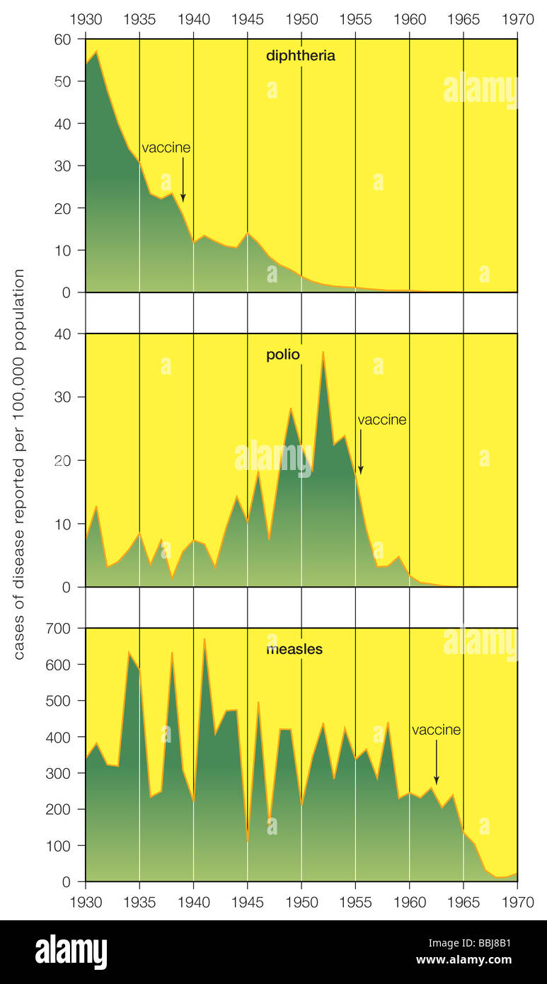 Aux États-Unis, les programmes de vaccination ont presque éradiqué la diphtérie, la polio, la rougeole. Source des données : Bureau américain du recensement. Banque D'Images