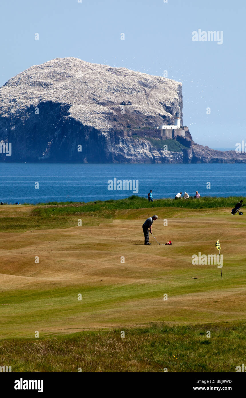 Les golfeurs sur le parcours de golf Glen avec Bass Rock en arrière-plan, North Berwick East Lothian Ecosse UK Europe Banque D'Images