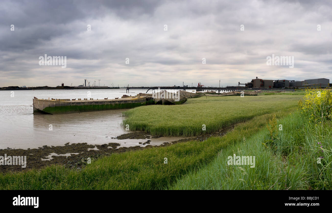 Une vue panoramique de béton vieux chalands sec, sur l'estran d'Essex de la Thames. Banque D'Images