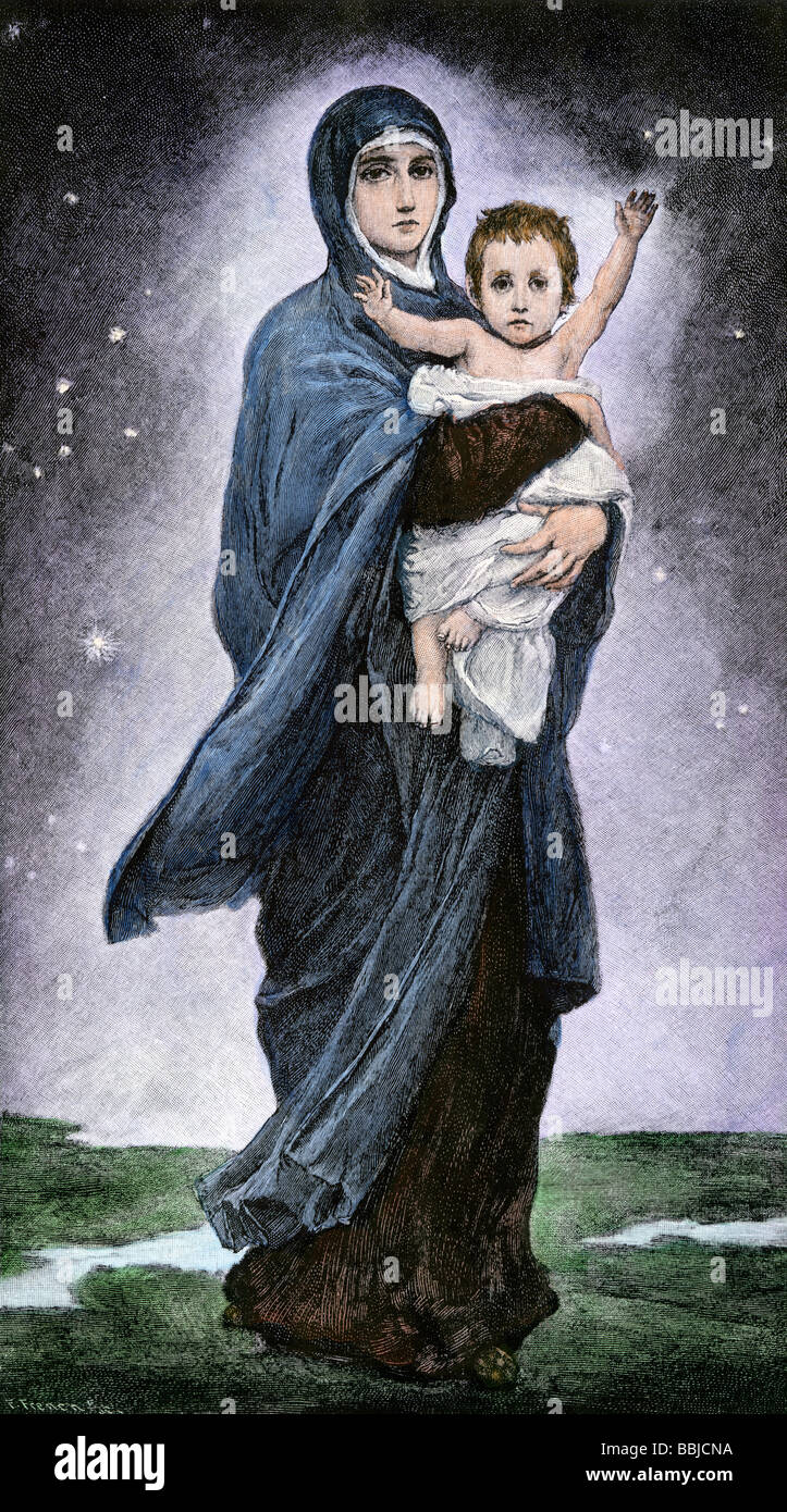 Vierge à l'enfant. À la main, gravure sur bois, d'une peinture à Kiev par C. M. Vasnetzoff Banque D'Images