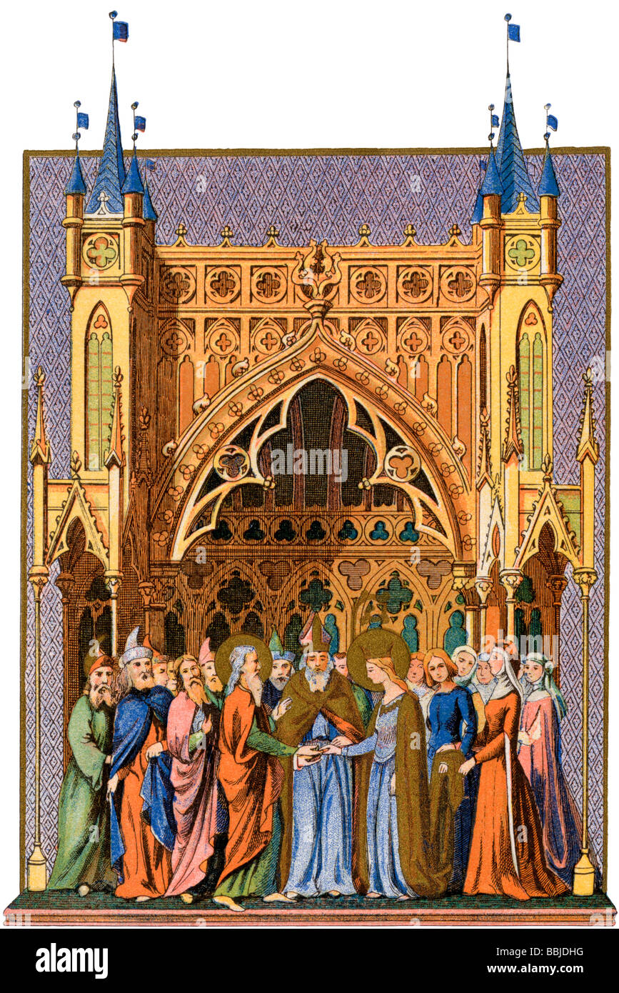 Le mariage de la Vierge Marie. Lithographie en couleur d'une miniature d'un livre d'heures médiéval Banque D'Images