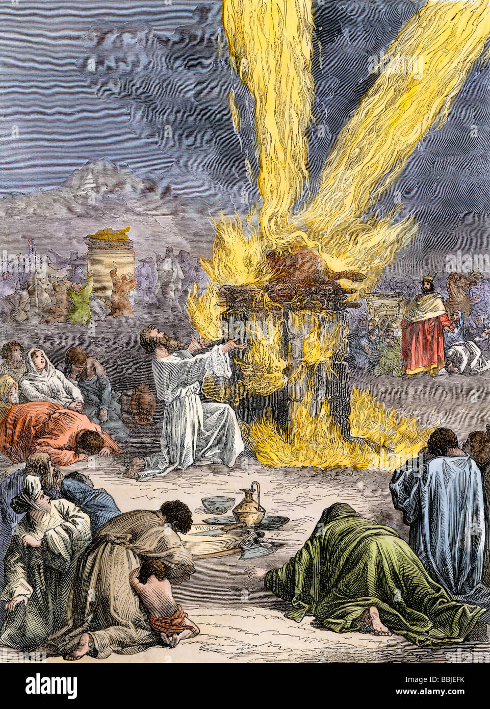 Prophète Élie invoquer l'Éternel sur Baals prêtres sur le Mont Carmel. À la main, gravure sur bois Banque D'Images