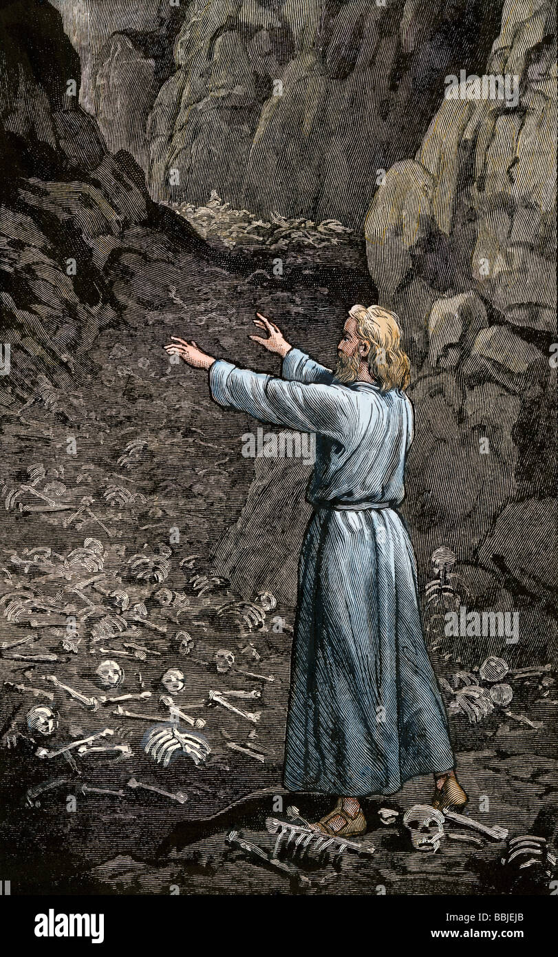 Prophète hébreu Ézéchiel la marche à travers la vallée de l'os secs. À la main, gravure sur bois Banque D'Images