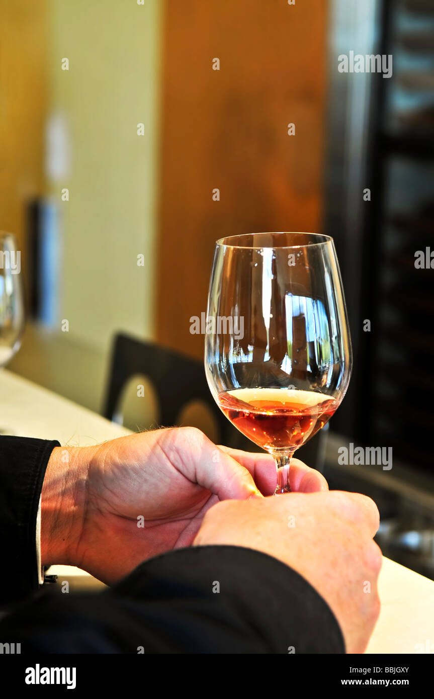 Male hands holding verre de vin rose Banque D'Images