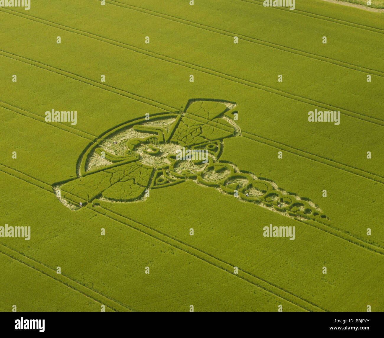 Vues aériennes de la Libellule 2009 Yatesbury Crop Circle, avec cinq personnes sur le terrain pour donner l'échelle. Prises d'ulm Banque D'Images