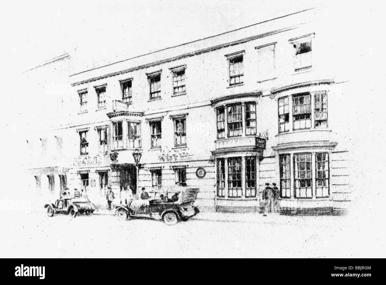 Le quartier historique de George Inn à Porstmouth Hampshire en Angleterre dans les années 1920. Dessin au crayon par M. W. M. Keesey. Banque D'Images