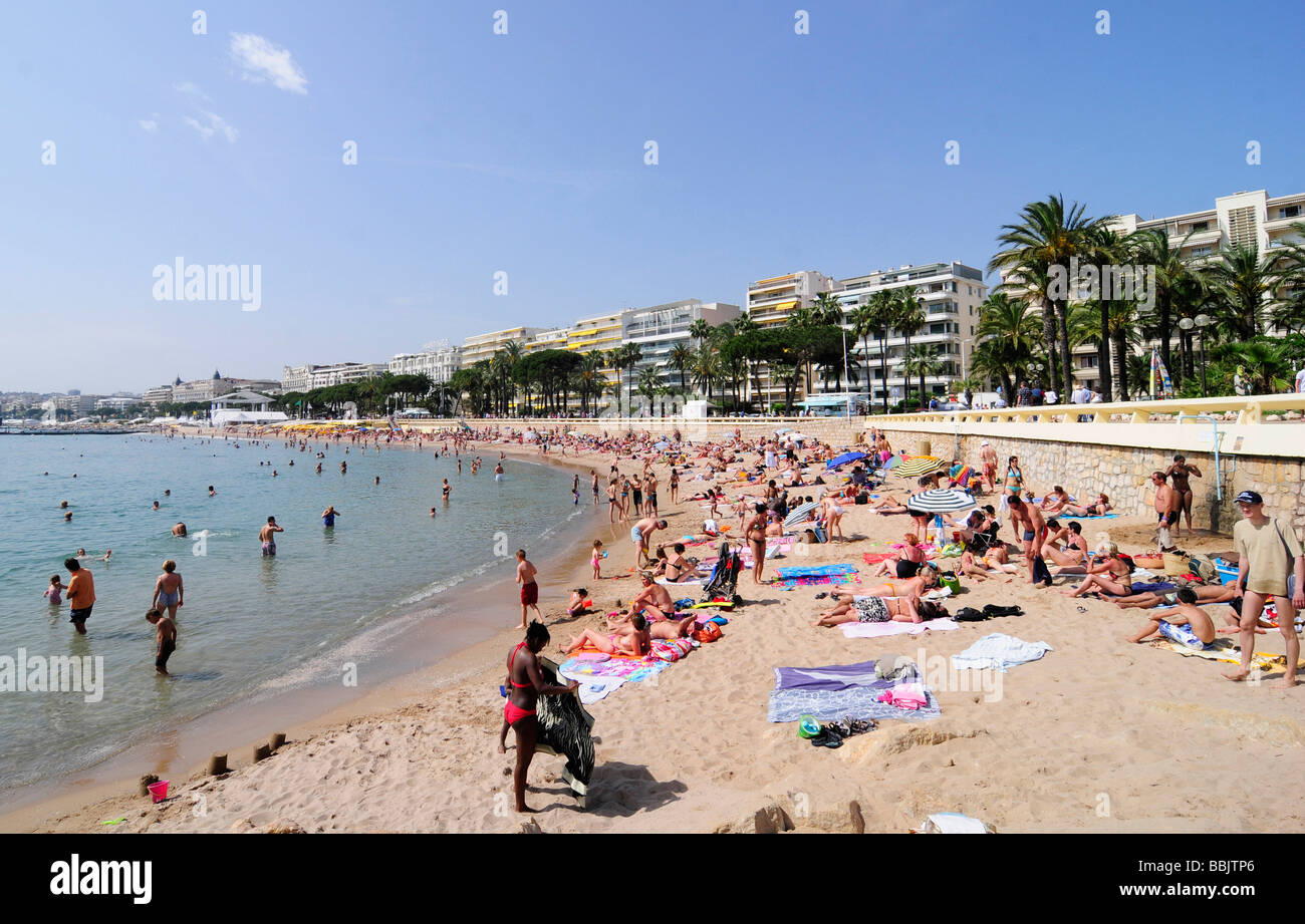 La plage principale, sur la Croisette, dans le centre de Cannes, Côte d'azur, au cours de la célèbre festival du film. Le sud de la France. Banque D'Images