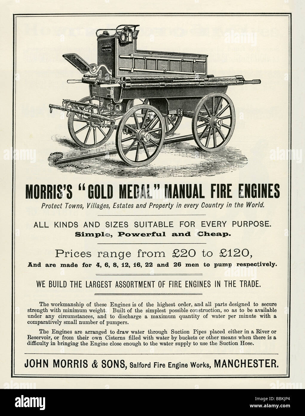 Publicité dans un catalogue de vente par correspondance de l'époque victorienne pour incendie, John Morris & Sons, Salford, Manchester, Lancashire Banque D'Images