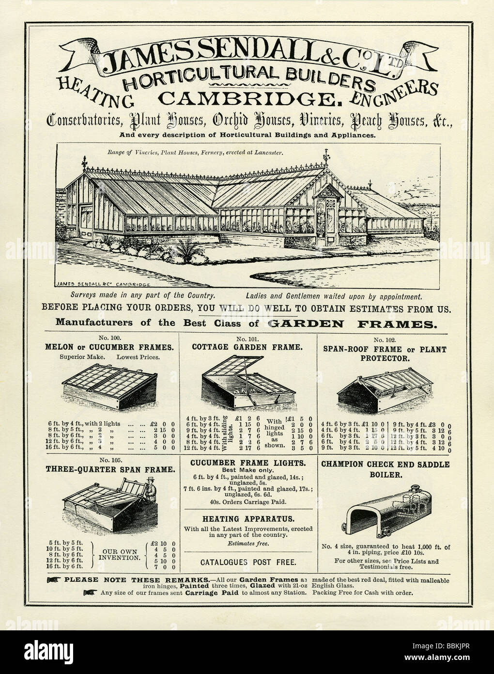 Publicité dans un catalogue de vente par correspondance de l'époque victorienne pour les serres et couche froide, James & Co Sedall, Cambridge Banque D'Images