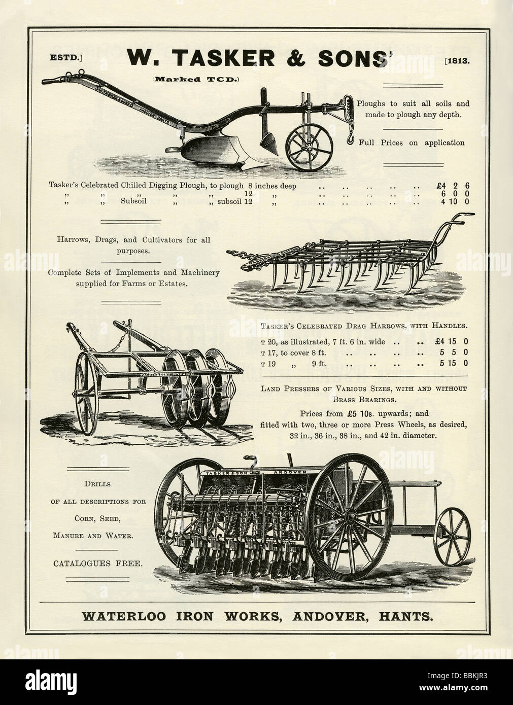 Publicité dans un catalogue de vente par correspondance de l'époque victorienne pour les équipements agricoles, Tasker & Sons, Andover, Hampshire Banque D'Images