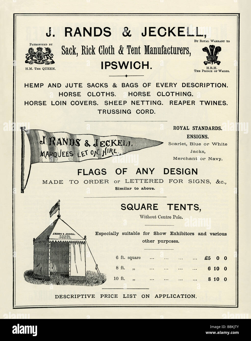 Publicité dans un catalogue de vente par correspondance de l'époque victorienne pour les tentes et les drapeaux, Rand & Jeckell, Ipswich, Suffolk Banque D'Images
