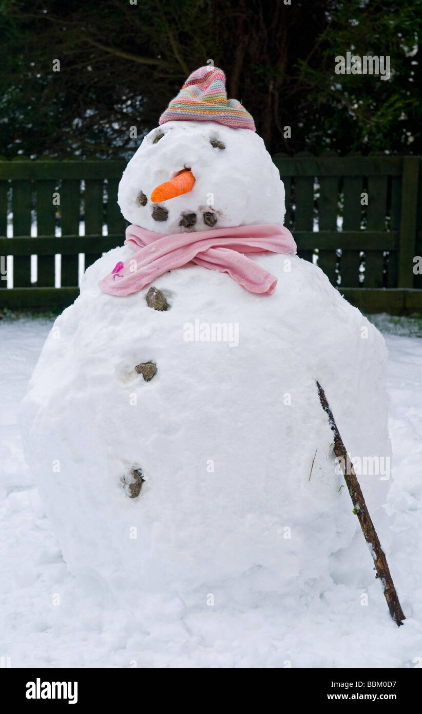 Le Snowman dans jardin avec nez carotte portant un chapeau et foulard Banque D'Images