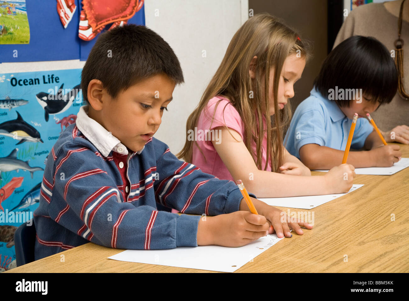 5-6 ans inter ethniques multiples la diversité raciale multiculturelles la diversité raciale écrire interracial POV papier United States MR Banque D'Images