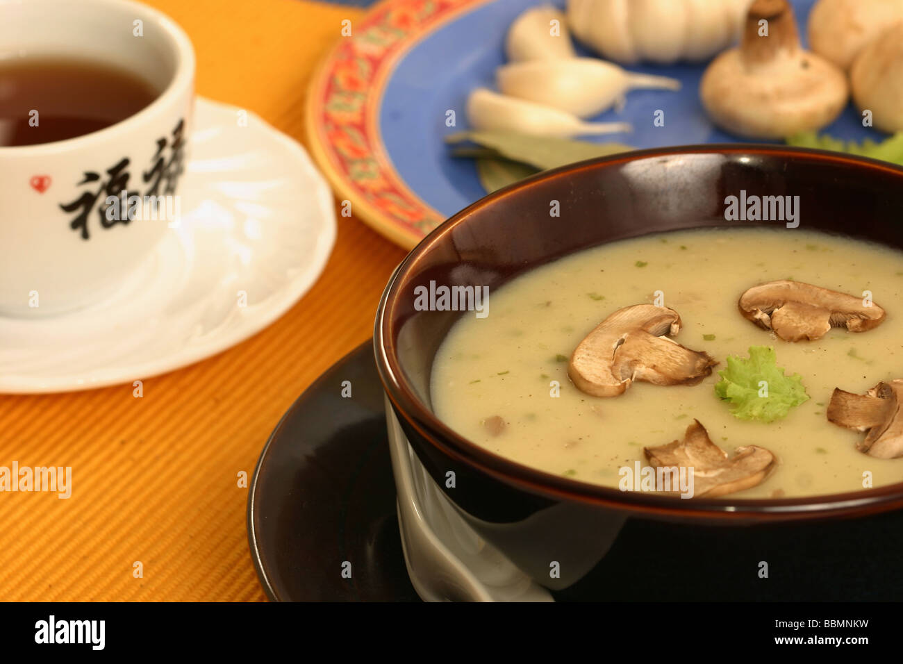 De crème de champignon est une soupe dans laquelle la combinaison de la viande et les champignons dans l'eau chaude jusqu'à l'extrait de parfum Banque D'Images