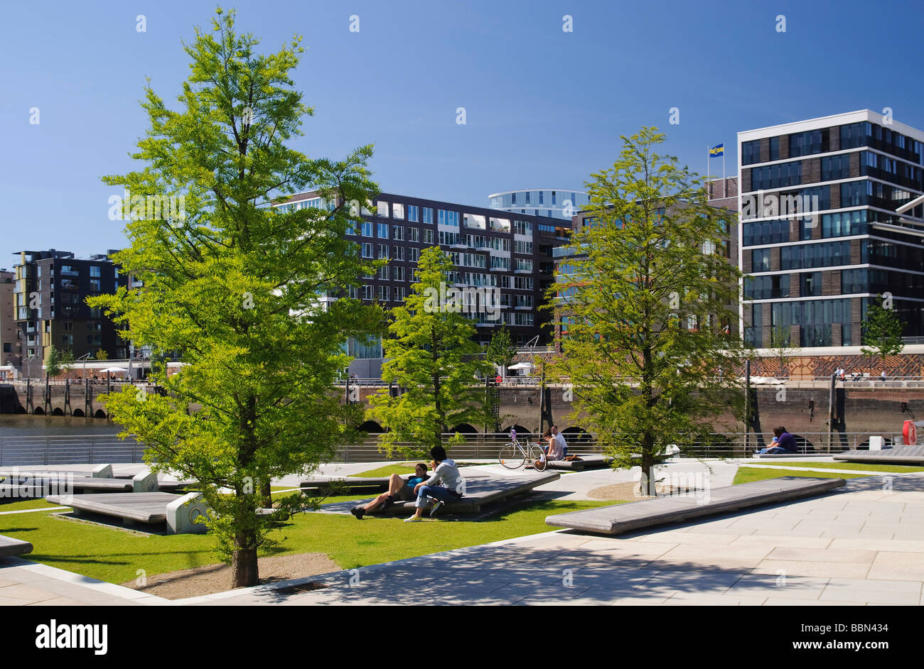 Terrasses sur Grasbrookhafen Marco Polo la Hafencity Harbour City, Hambourg, Allemagne, Europe Banque D'Images