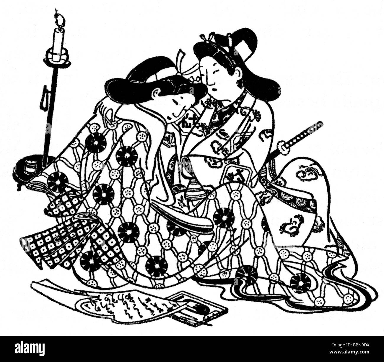 Les gens, les couples, les amoureux, après la coupe du bois par Hihikawa Moronobu (vers 1618 - 1694), Japon, Japonais, période Edo, beaux-arts, XVIIe siècle, historique, 1930, XXe siècle, Banque D'Images