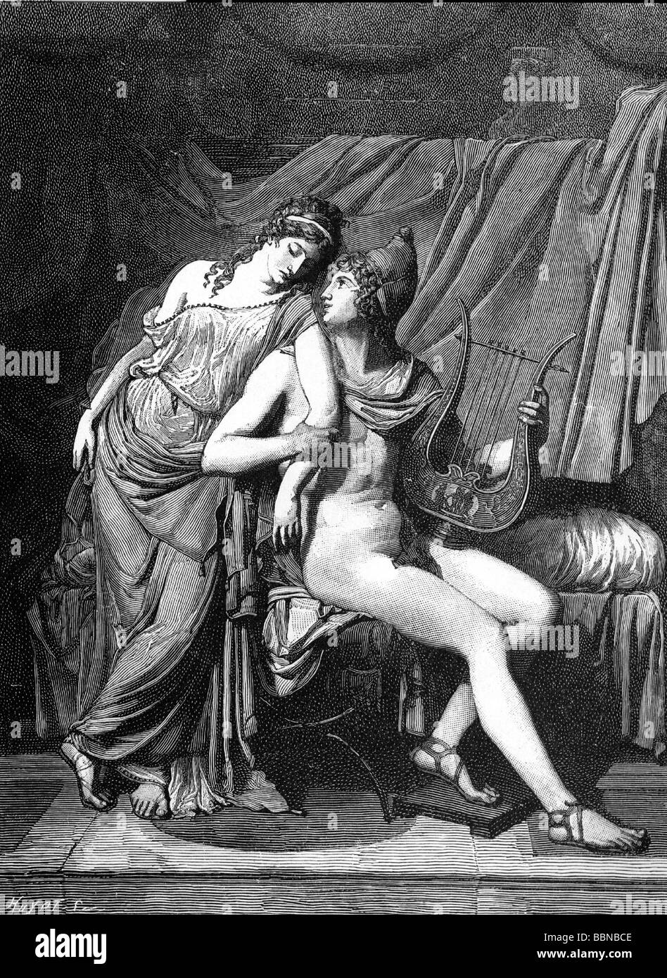 Paris, fils de Priam, roi de Troy, légende grecque, pleine longueur, avec Helen, gravure en bois par peinture de Jaques Louis David, Louvre, Banque D'Images