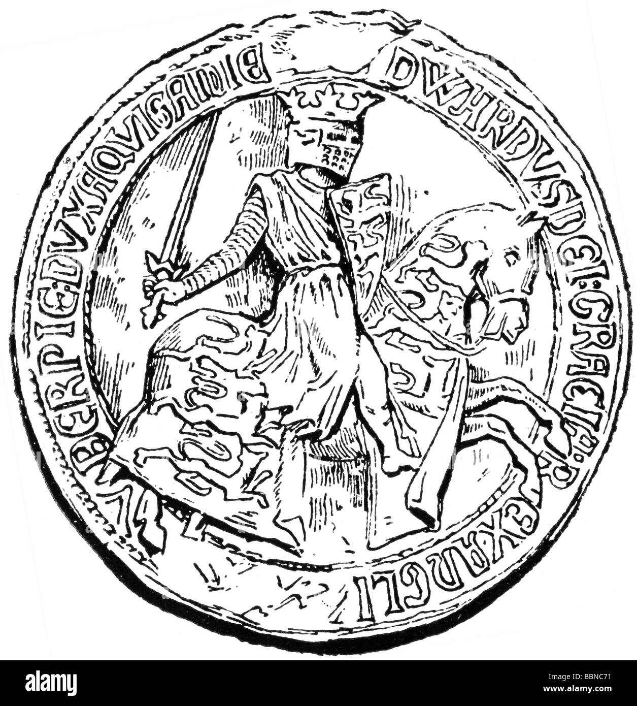 Edward III, 13.11.1312 - 21.6.1377, roi d'Angleterre 25.1.1327 - 21.6.1377, image équestre, sceau, XIVe siècle, gravure sur bois, XIXe siècle, , Banque D'Images