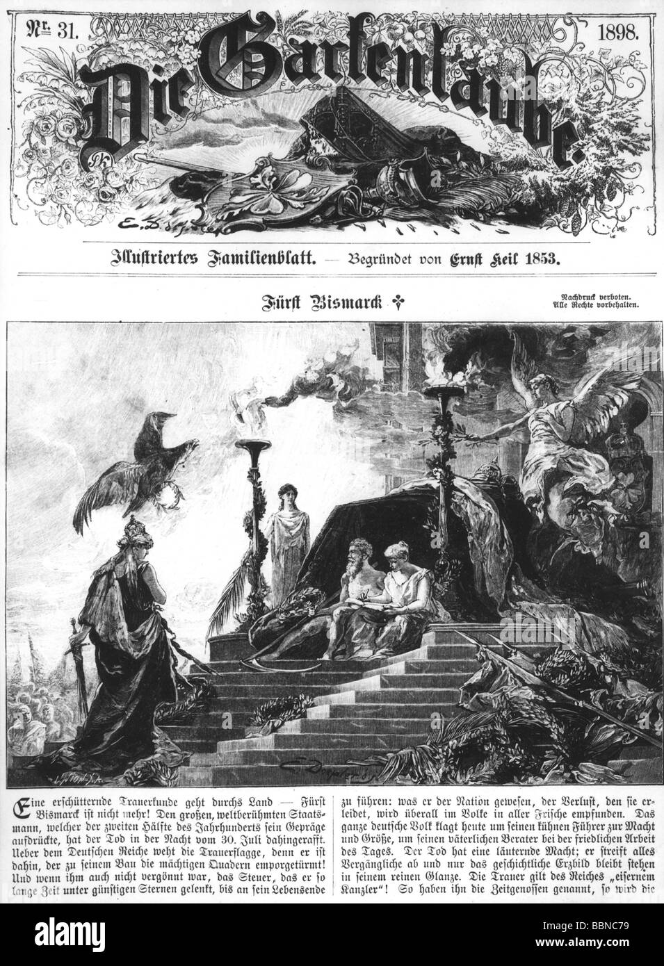Bismarck, Otto von, 1.4.1815 - 30.7.1898, politicien allemand, chancelier du Reich allemand 1871 - 1890, sa mort, titre du journal "Gartenlaube" no 31, après dessin de E. Doepler, avec gravure en bois 1898, Banque D'Images
