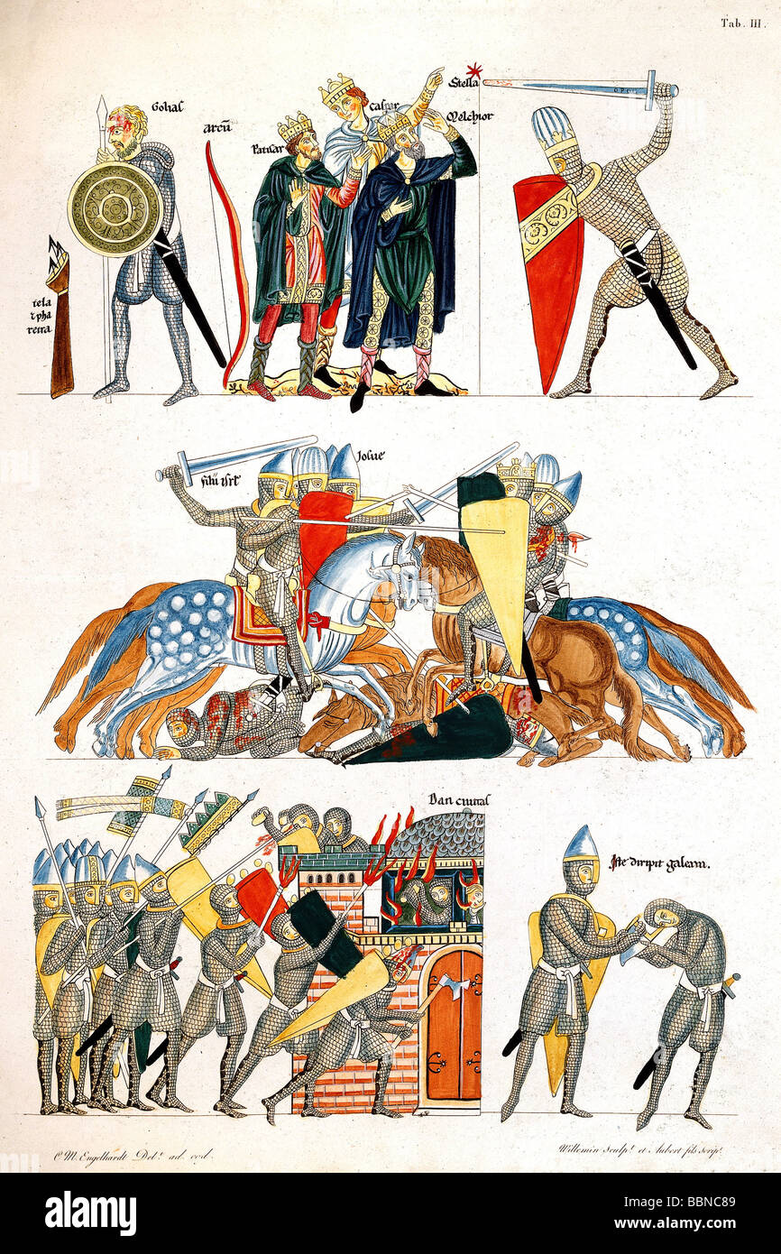 Âges moyens, chevaliers, siège et bataille, gravure en cuivre de couleur par C. M. Engelhardt, 1818, après 'Hortus deliciarum' de Herrad de Landsberg (1125/1130 - 1195), Musée national bavarois, Munich, , Banque D'Images