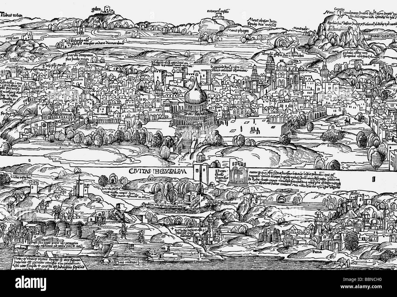 Géographie / voyages, Palestine, Jérusalem, vue, 'Transmarina peregrinatio' de Bernhard von Breydenbach, coupe du bois, Speyer, 1501, , Banque D'Images