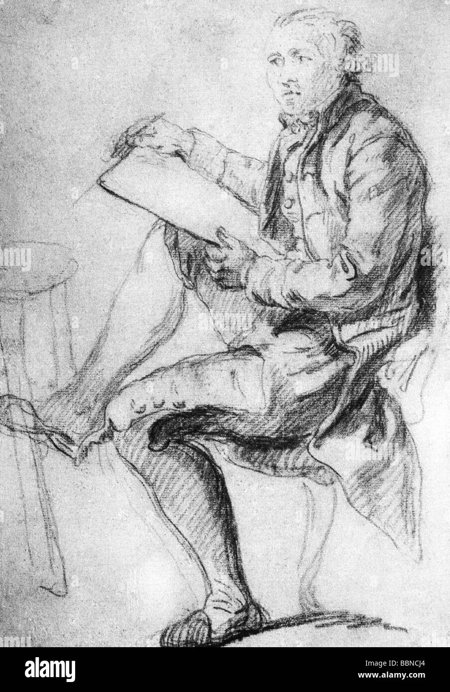 Greuze, Jean Baptiste, 21.8.1725 - 21.3.1805, peintre et sculpteur français, pleine longueur avec livre d'esquisse, autoportrait, sanguine, 40 x 27,3 cm, Musée Conde, Banque D'Images