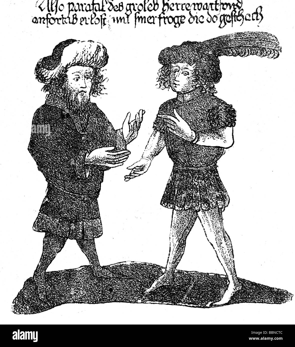 Wolfram von Eschenbach, vers 1175 - vers 1220, chevalier allemand, minnesinger, œuvres, illustration, scène de son poème 'Parzival', Codex Palapinus Germanicus, Codex Palapinus Germanicus, bibliothèque universitaire Heidelberg, Banque D'Images