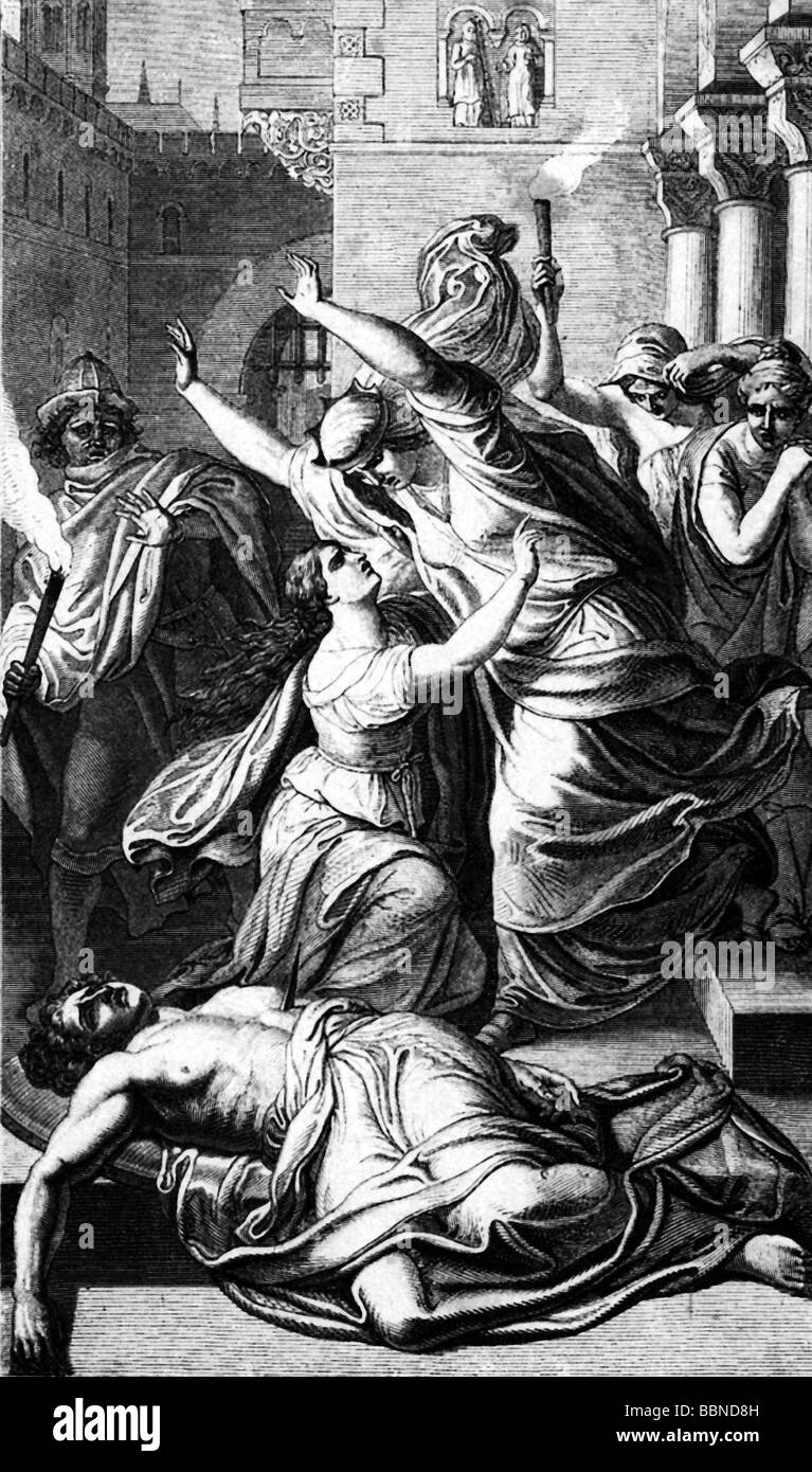 Sigurd (Siegfried), personnage mythique germanique, sa mort, Kriemhild (Gudrun) à son corps mort, imprimer, après Julius Schnorr von Karolsfeld, Banque D'Images