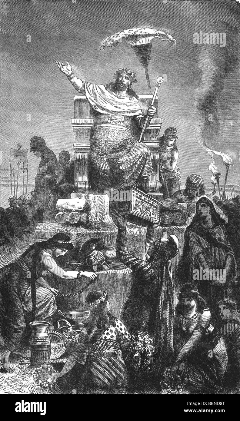 Croesus, vers 590 av. J.-C. - vers 541 av. J.-C., dernier roi de Lydia, demi-longueur, sur la pile, gravure en bois, XIXe siècle, femme, Banque D'Images