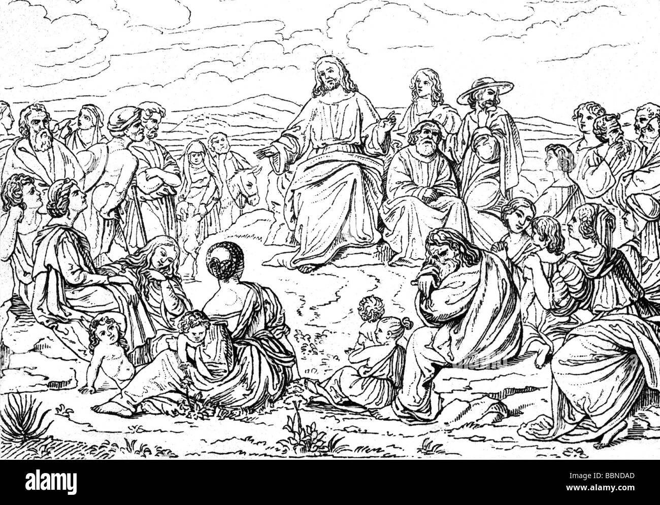 Jésus-Christ, vers 4 av. J.-C. - vers 33 av. J.-C., Sermon du Mont, dessin de Ludwig Weisser, après peinture de Karl Begas, Banque D'Images