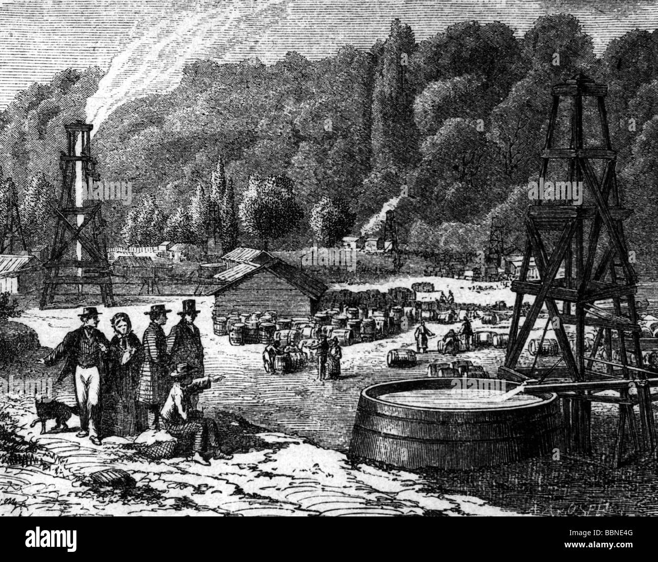 Énergie, pétrole, États-Unis, Pennsylvanie, puits d'huile, gravure en bois, 1862, Banque D'Images