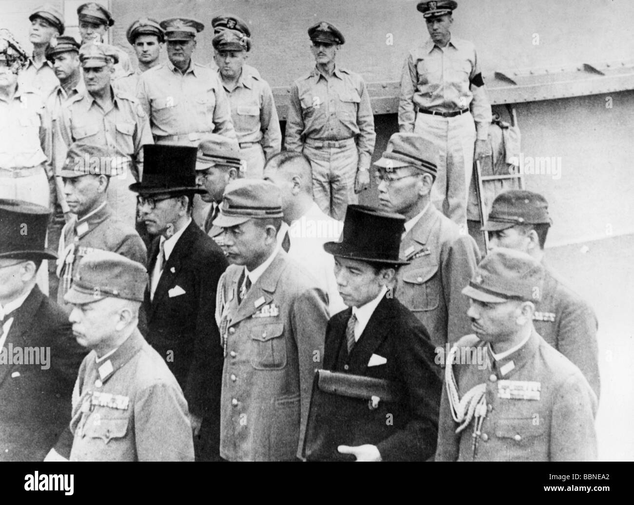 Événements, seconde Guerre mondiale / seconde Guerre mondiale, capitulation, délégation japonaise à bord de l'USS Missouri, Tokyo Bay, 2.9.1945, Banque D'Images