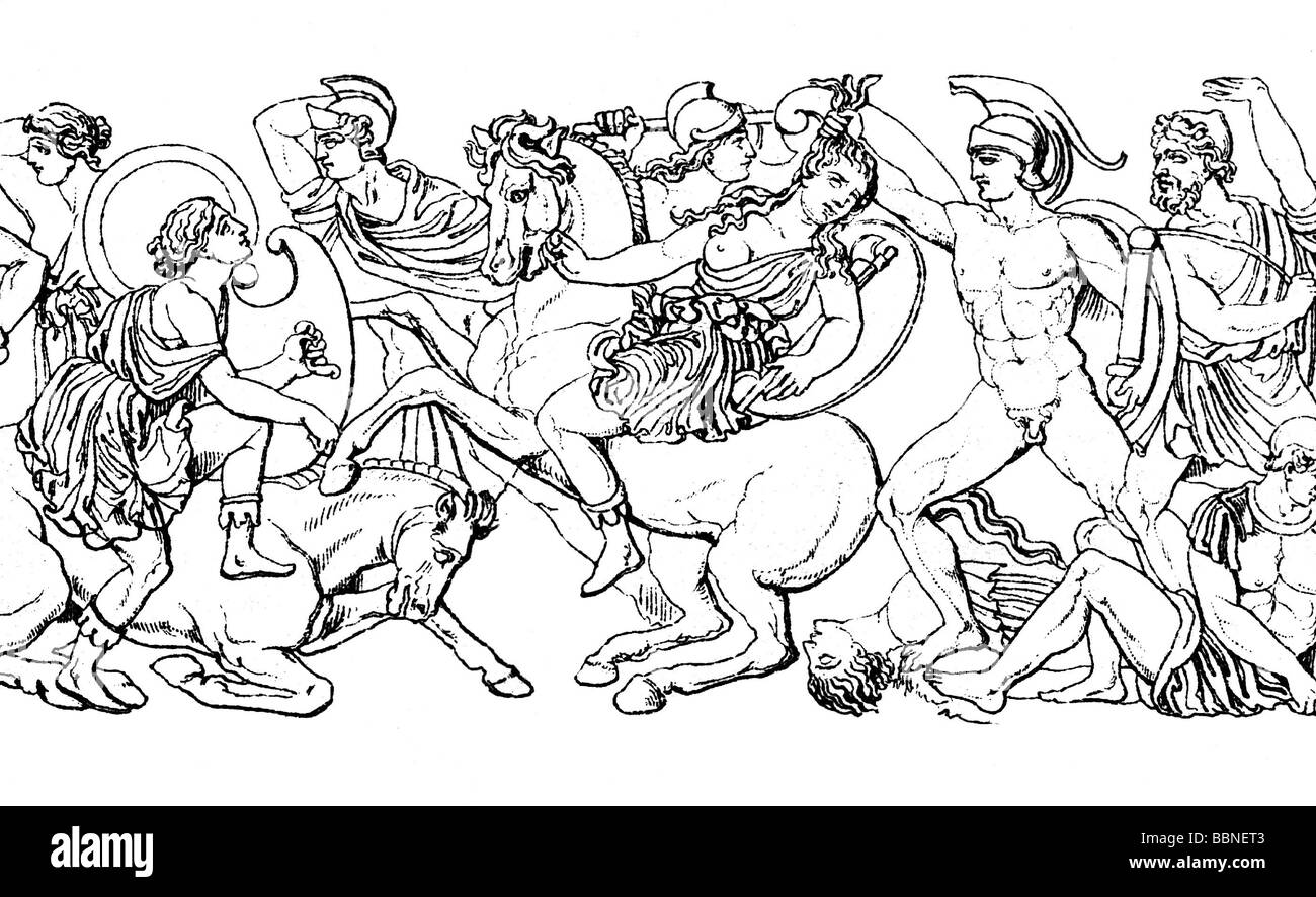 Amazones, figures mythologiques grecques, lutte avec le grec pendant le siège de Troia, dessin après sarcophage de Thessalonique, Banque D'Images
