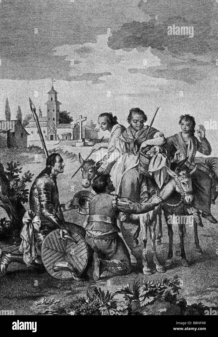 Don Quichote, personnage littéraire du roman de Miguel Cervantes Saavedra (1547 - 1616), à genoux avec Sancho Panza devant Dulcinea, gravure de Carnicero, de Madrid, 1780, Banque D'Images