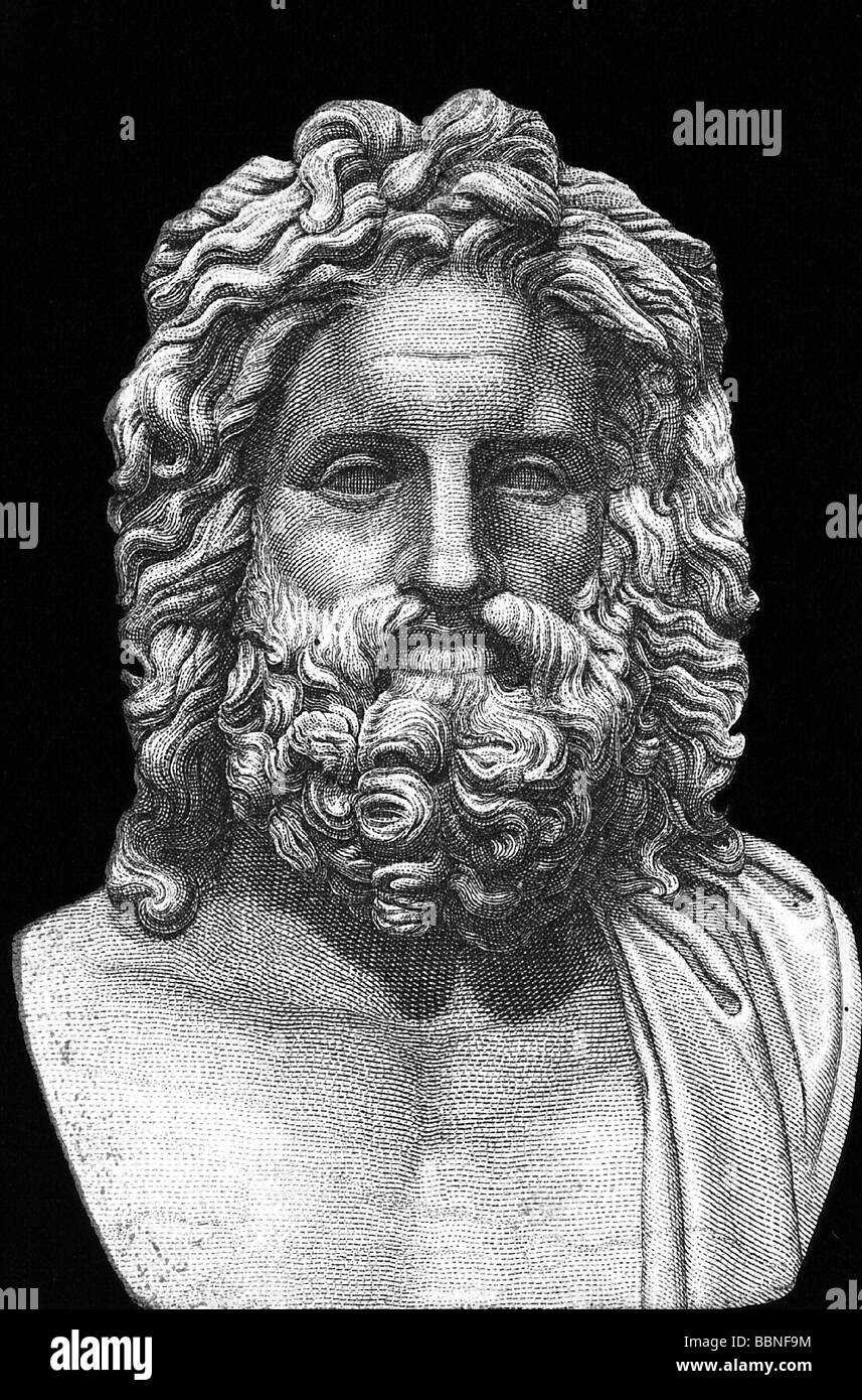 Zeus (latin: Jupiter), roi grec "ivine", leader des dieux, dieu du ciel et du tonnerre, gravure en bois, XIXe siècle, après 'Zeus d'Otricoli', partie d'une statue romaine, Banque D'Images