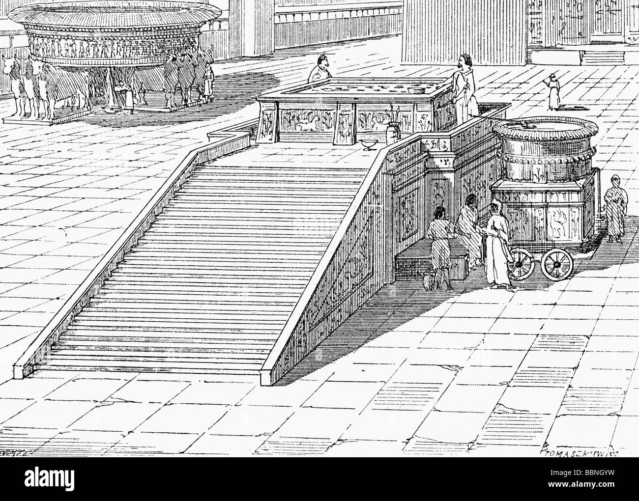 Géographie / voyage, Palestine, Jérusalem, Temple, piste avec autel et mer de fer, reconstruction par Mangeaut, gravure sur bois, XIXe siècle, , Banque D'Images