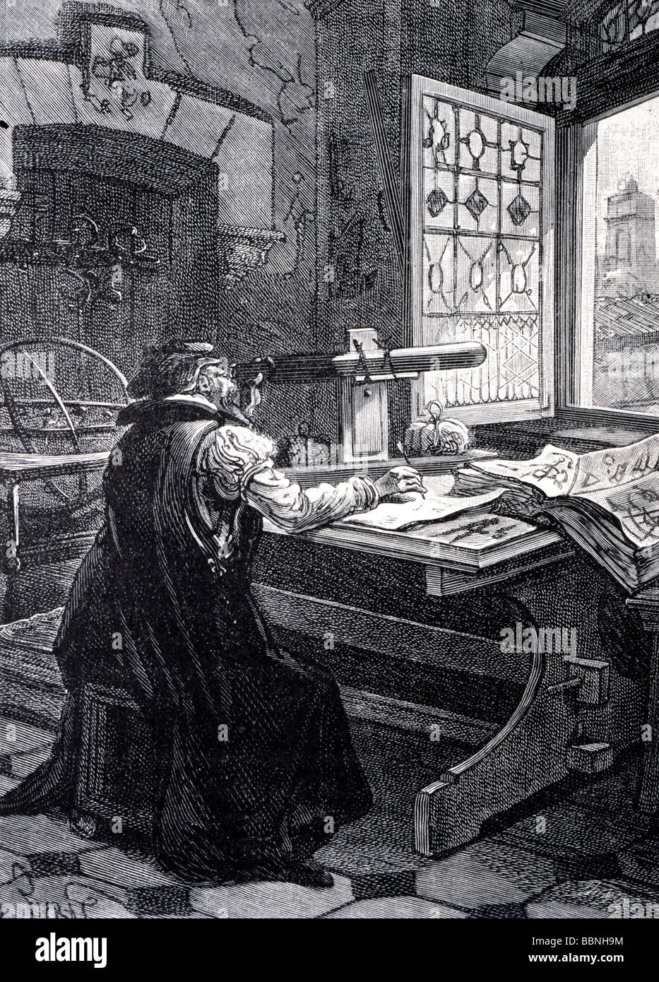 Galilei, Galileo, 15.2.1564 - 8.1.1642, scientifique italien (astronome, physicien) et philosophe, demi-longueur, assis dans son laboratoire, regardant par son télescope, gravure sur bois, XIXe siècle, Banque D'Images