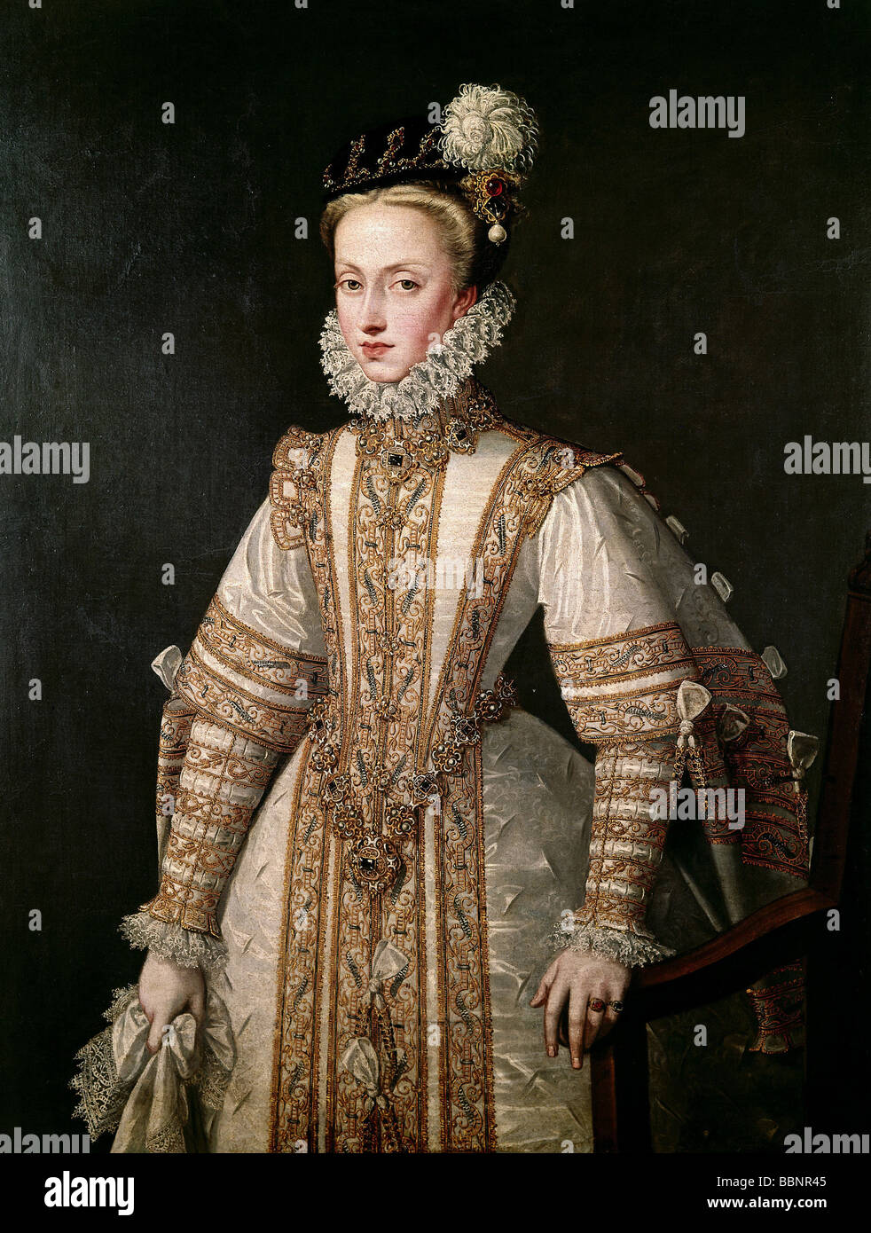 Anna, 2.11.1549 - 26.10.1580, Reine Consort d'Espagne 12.9.1570 - 26.10.1598, demi-longueur, peinture d'Alonso Sanchez Coello, vers 1575, Lazaro Galdiano, Madrid, Banque D'Images
