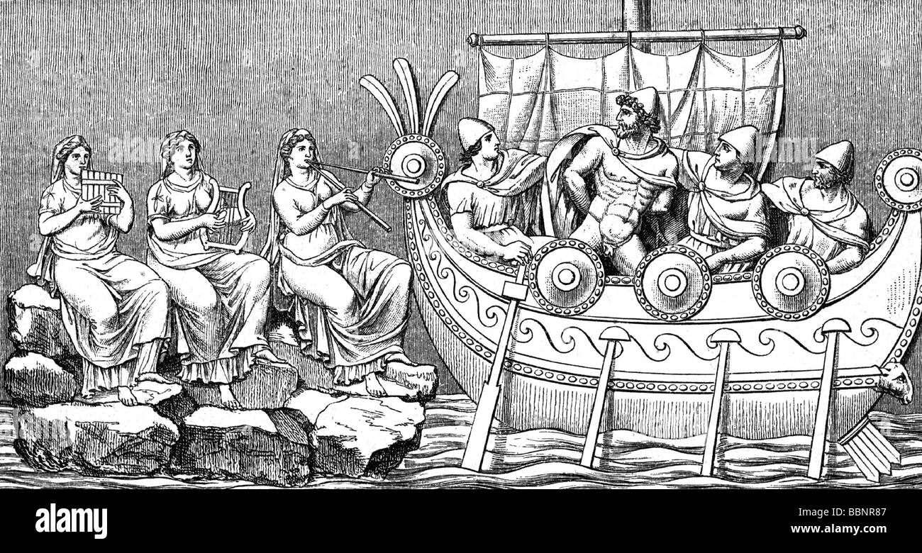 Odysseus (Ulysses), roi grec d'Ithaca et héros, passant les sirènes, gravure en bois, après le soulagement des sarcophage, Musée Florence, Banque D'Images
