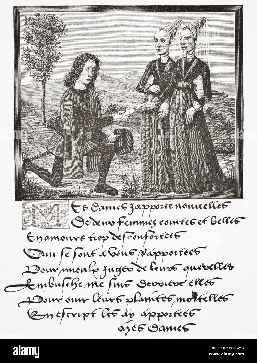 Alain Chartier, auteur du poème le debat de la noire et de la tannee, donne un poème à une dame Banque D'Images