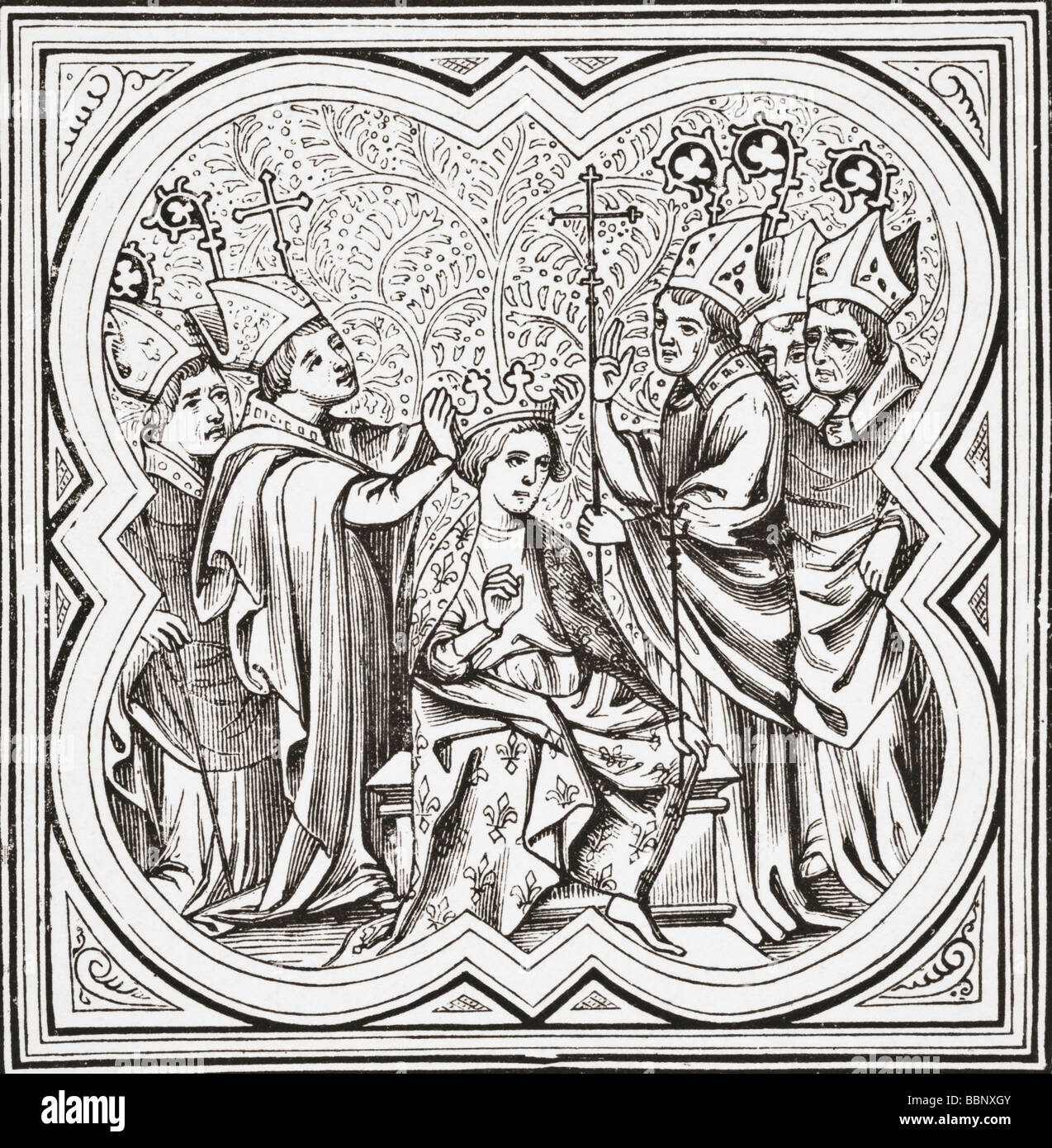 Couronnement de Charlemagne alias Carolus Magnus, Karolus Magnus ou Charles le Grand, 742 - 814. Roi des Francs. Banque D'Images