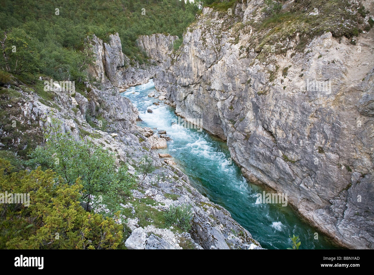 Vue aérienne de l'étroitesse de la belle rivière turquoise canyon avec en Norvège Banque D'Images