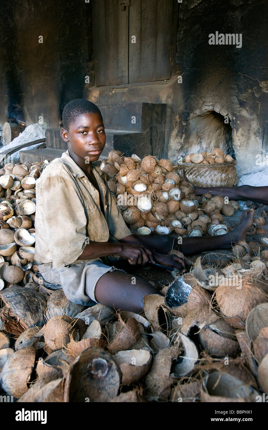 Un garçon supprime la viande séchée appelée coprah à partir de la coque de noix de coco Quelimane Mozambique Banque D'Images