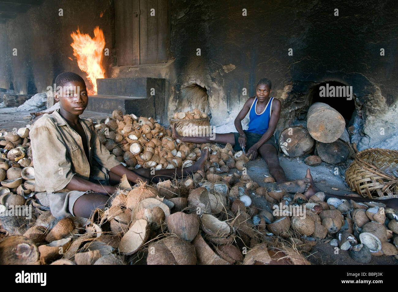 Les garçons déposer la viande séchée appelée coprah à partir de la coque de noix de coco Quelimane Mozambique Banque D'Images